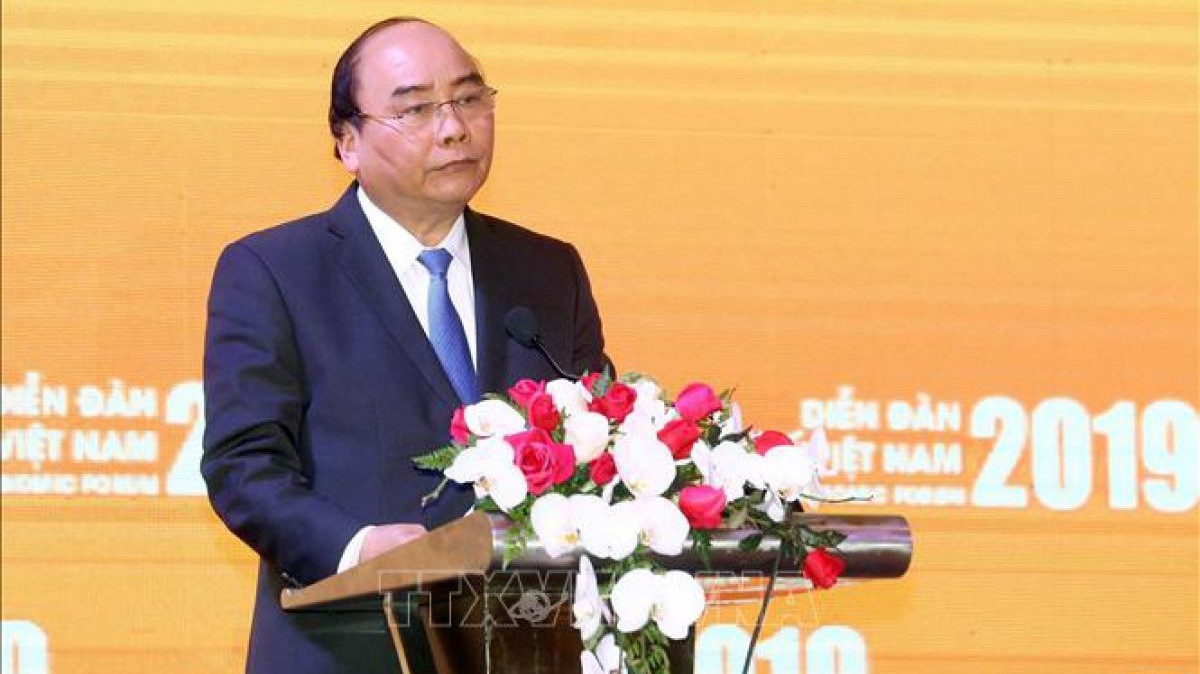 Thủ tướng Nguyễn Xuân Phúc tại Phiên tổng thể của "Diễn đàn Kinh tế Việt Nam 2019", diễn ra chiều 17/1 - Ảnh: TTXVN.
