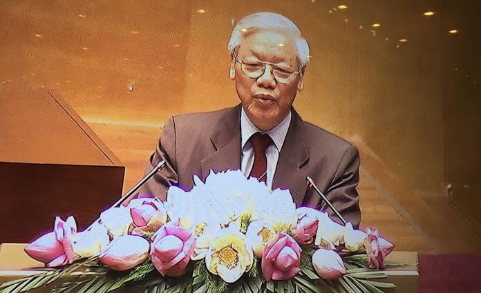 Tổng bí thư Nguyễn Phú Trọng phát biểu tại hội nghị công tác bầu cử, sáng 18/7.
