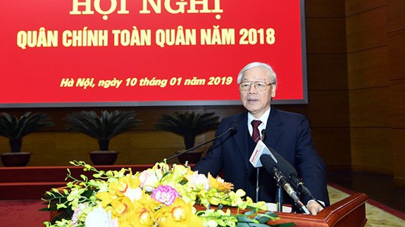 Tổng bí thư, Chủ tịch nước Nguyễn Phú Trong phát biểu tại hội nghị quân chính toàn quân.