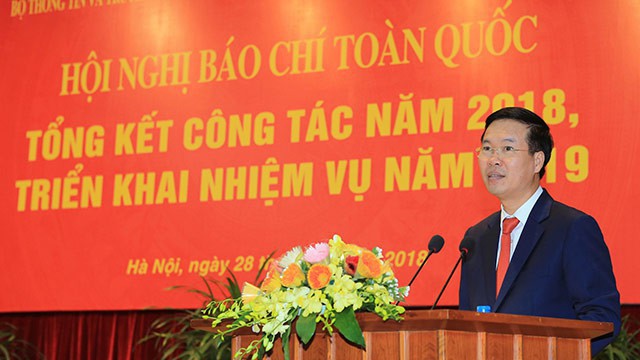 Trưởng ban Tuyên giáo Trung ương Võ Văn Thưởng phát biểu chỉ đạo tại Hội nghị Báo chí toàn quốc hôm 28/12.