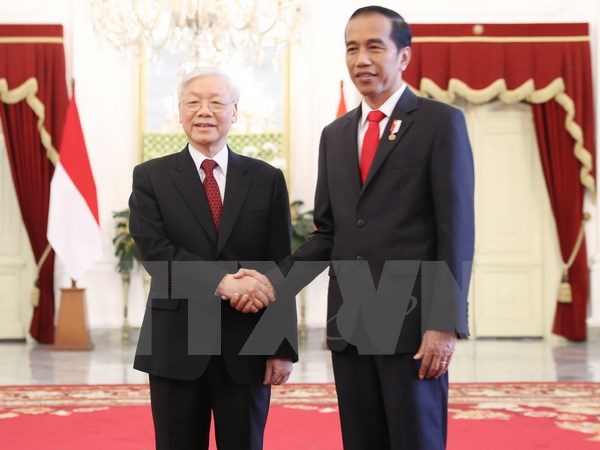 Tổng bí thư Nguyễn Phú Trọng và Tổng thống Indonesia Joko Widodo.<br>