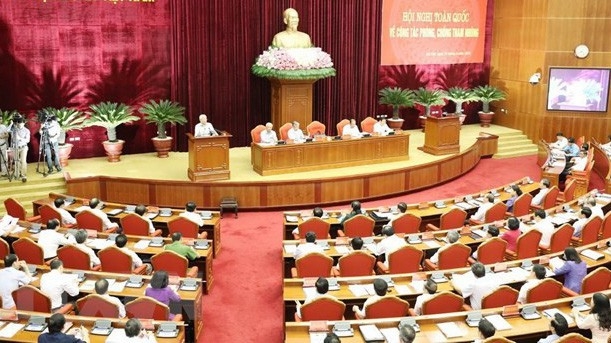 Các vị lãnh đạo cao nhất của Đảng và Nhà nước đều có mặt tại hội nghị toàn quốc về phòng chống tham nhũng được tổ chức tại Hà Nội, ngày 25/6 - Ảnh TTXVN