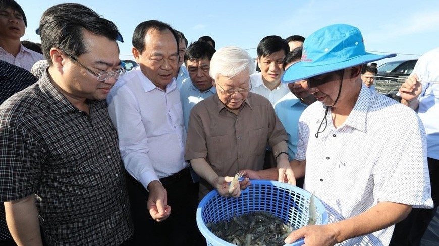 Tổng bí thư, Chủ tịch nước Nguyễn Phú Trọng thăm khu nuôi tôm công nghiệp ứng dụng công nghệ cao của một doanh nghiệp tại Kiên Giang - Ảnh: TTXVN.