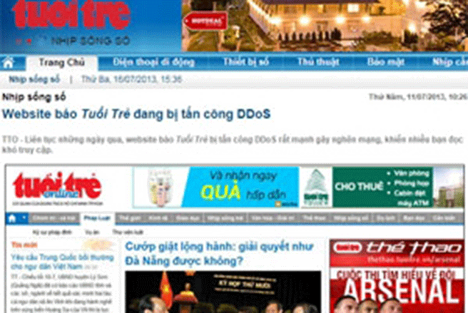 <font face="Arial, Verdana" size="2">Báo Tuổi Trẻ thông tin bị tấn công DDoS hồi tháng 7/2013.</font>