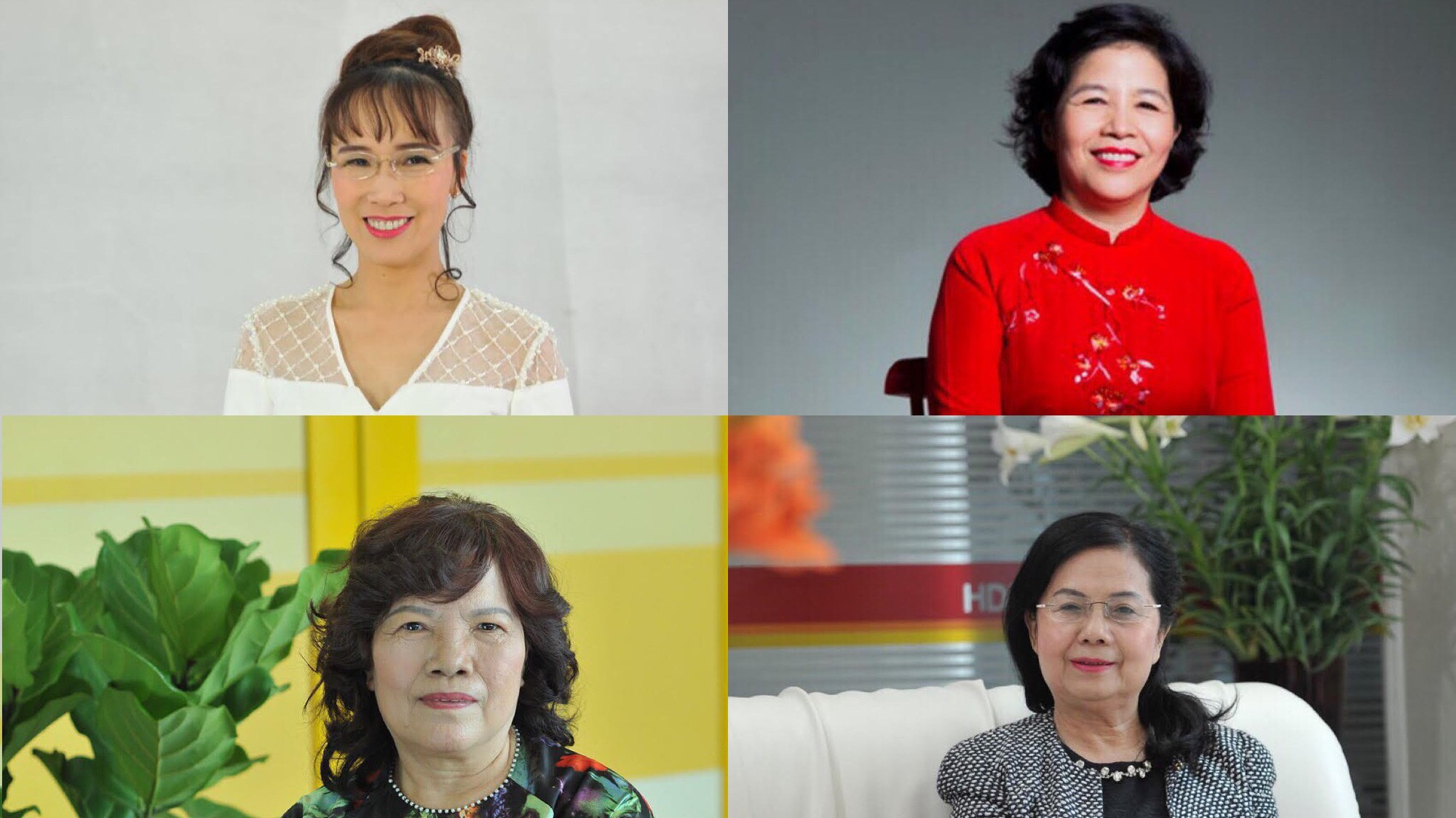 Bà Nguyễn Thị Phương Thảo, Tổng giám đốc Công ty Cổ phần Hàng không VietJet.
Bà Mai Kiều Liên -  Tổng giám đốc Công ty Cổ phần Sữa Việt Nam (Vinamilk)
Bà Nguyễn Thanh Hà - Chủ tịch Hội đồng quản trị Công ty Cổ phần Hàng không VietJet.
Bà Lê Thị Băng Tâm - Chủ tịch Hội đồng quản trị Công ty Cổ phần Sữa Việt Nam (Vinamilk)