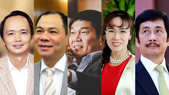 Từ trái sang: ông Trịnh Văn Quyết, ông Phạm Nhật Vượng, ông Trần Đình Long, bà Nguyễn Thị Phương Thảo, ông Bùi Thành Nhơn.