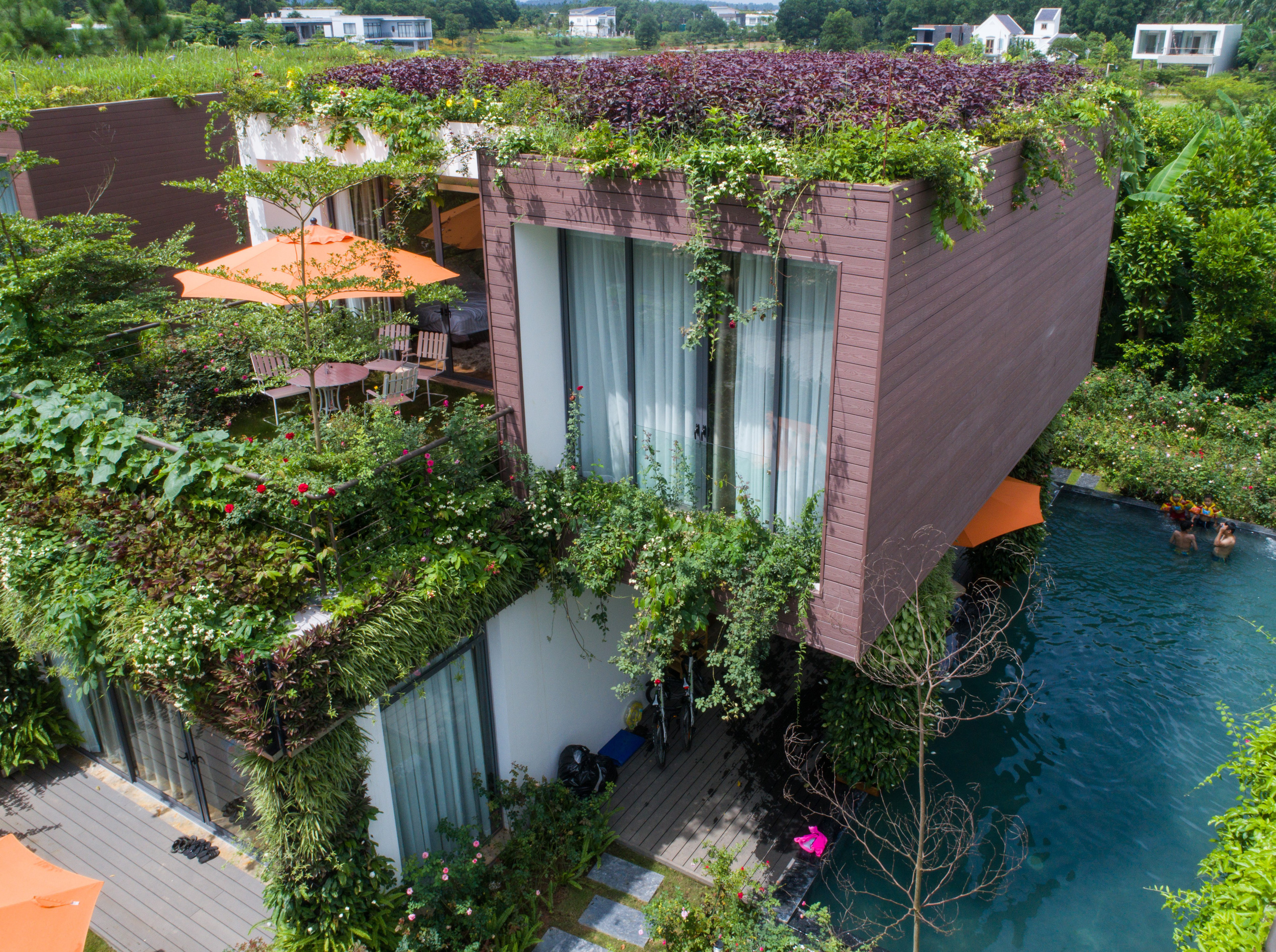 Mái nhà được phủ cỏ và hoa.