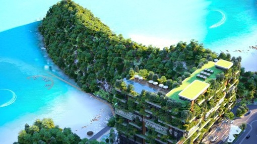 Phối cảnh tổng thể Flamingo Cát Bà Beach Resort với kiến trúc xanh độc đáo.