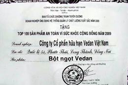 Giấy chứng nhận do ban tổ chức cấp cho sản phẩm của Vedan - Ảnh: TN