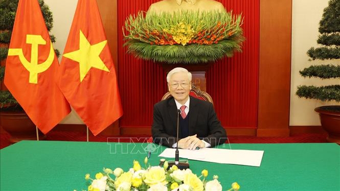 Tổng Bí thư, Chủ tịch nước Nguyễn Phú Trọng điện đàm với Chủ tịch Đảng Dân chủ Tự do, Thủ tướng Nhật Bản Suga Yoshihide - Ảnh: TTXVN