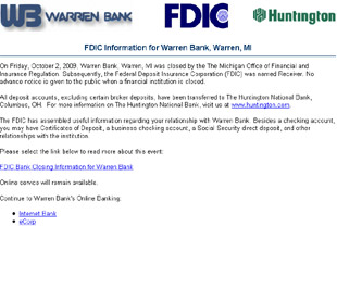Thông báo về việc Huntington National Bank tiếp quản Warren Bank trên website của Warren Bank. 