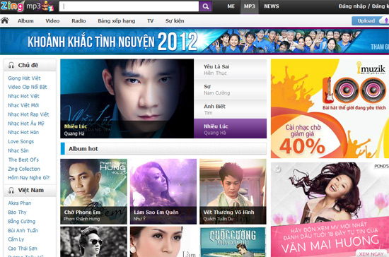 Zing, một trong những website nhạc trực tuyến lớn nhất hiện nay.