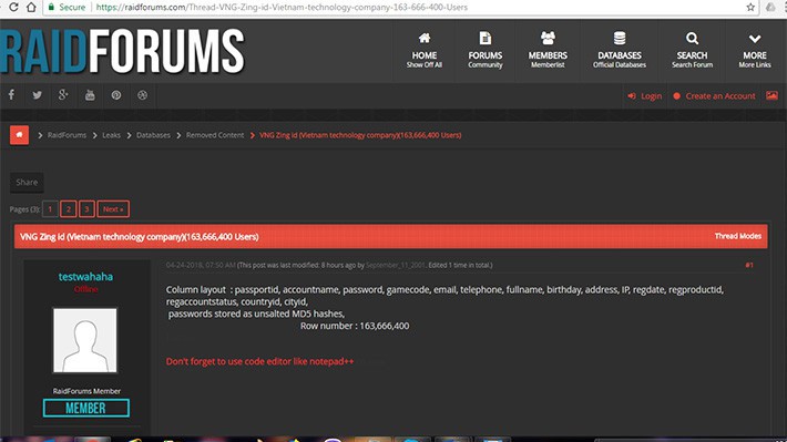 Thông tin Zing ID của VNG được diễn đàn chuyên chia sẻ, mua bán dữ liệu rò rỉ Raidforums đăng tải - Ảnh chụp màn hình.