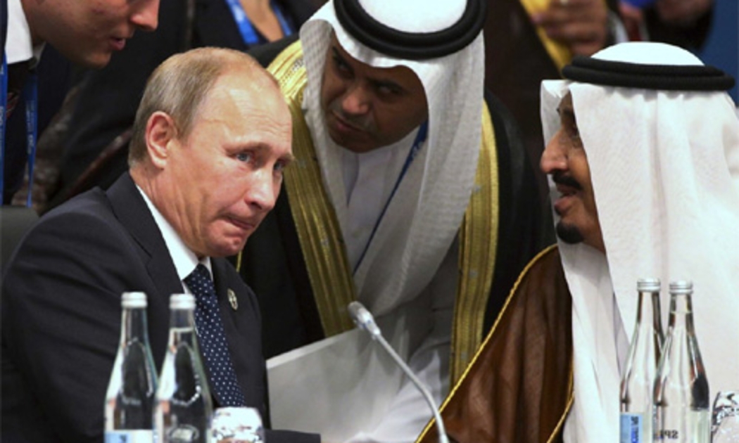 Tổng thống Nga Putin và các nhà lãnh đạo Saudi Arabia. Hiện tại, xu hướng giá dầu thế giới rất bất định do bị chi phối bởi cả yếu tố kinh tế và chính trị.<br>