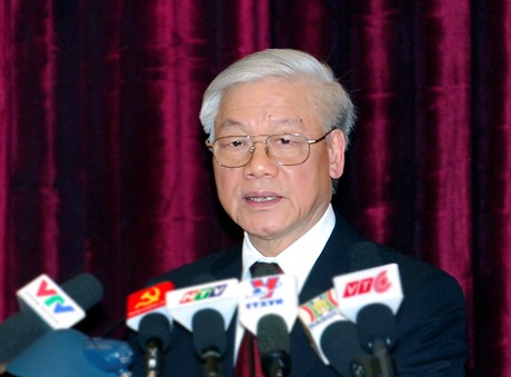 Tổng bí thư Nguyễn Phú Trọng phát biểu bế mạc hội nghị Trung ương 10 - Ảnh: VGP.<br>