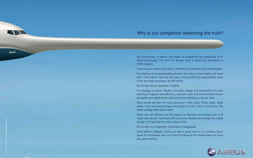 Quảng cáo của Airbus với hình ảnh một chiếc máy bay Boeing có chiếc mũi dài như 
nhân vật cậu bé người gỗ hay nói dối Pinocchio bên dưới dòng chữ: “Vì 
sao đối thủ của chúng tôi lại thổi phồng sự thật?”.