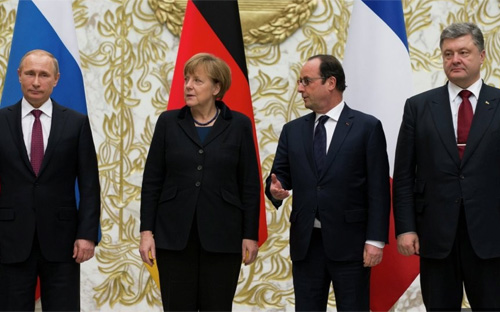 Các nhà lãnh đạo Nga, Ukraine, Pháp và Đức đã công bố một thỏa thuận ngừng bắn, bắt đầu được thực thi vào ngày 15/2 - Ảnh: Sputnik.<br>