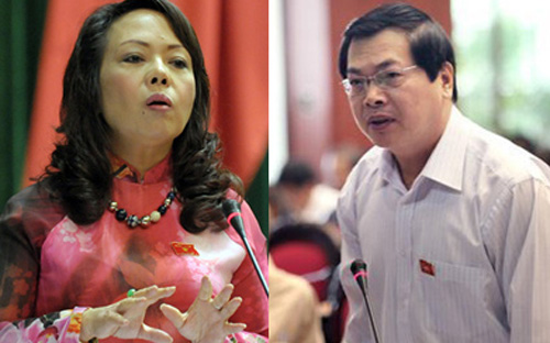 Bộ trưởng Bộ Y tế Nguyễn Thị Kim Tiến (bên trái) và Bộ trưởng Bộ Công Thương  Vũ Huy Hoàng.