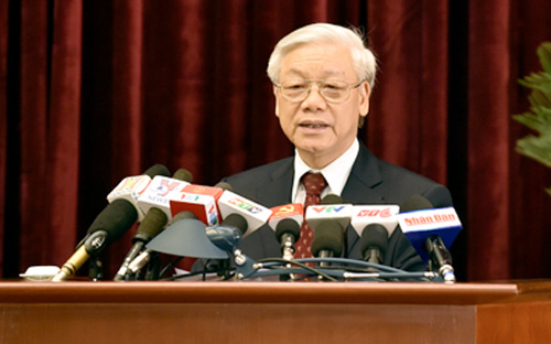 Tổng bí thư Nguyễn Phú Trọng phát biểu bế mạc hội nghị.<br>