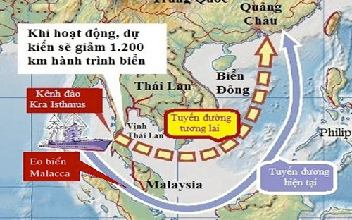 Tuyến đường biển dự kiến qua kênh đào Kra Isthmus (Thái Lan), nếu công trình này được xây dựng. Khu vực dự kiến xây cảng Hòn Khoai, Cà Mau nằm trên tuyến đường biển tương lai - Đồ hoạ: VnExpress.<br>