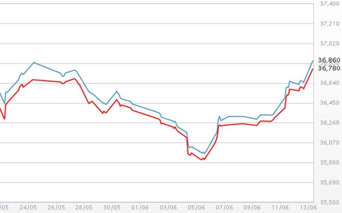 Diễn biến giá vàng SJC tại DOJI - Nguồn: DOJI.<br>