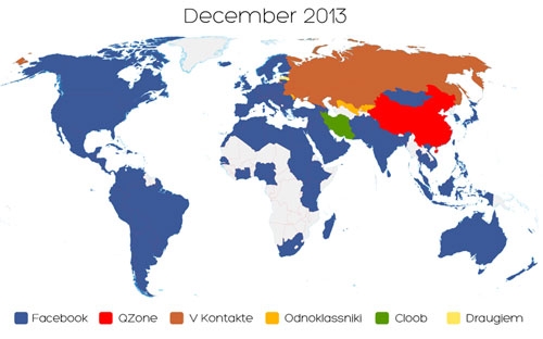 Theo báo cáo mới nhất, mạng xã hội lớn nhất hành tinh Facebook hiện đã 
thống trị tại 127/137 quốc gia và vùng lãnh thổ trên thế giới được phân 
tích. 