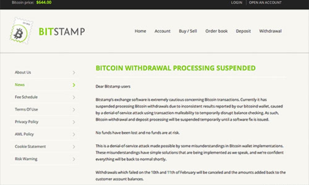 Thông báo tạm ngừng cho khách hàng rút tiền của BitStamp ngày 11/2.