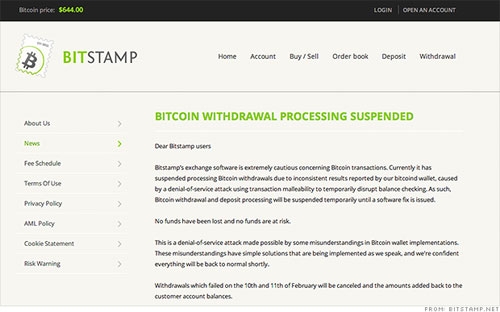 Thông báo tạm ngừng cho khách hàng rút tiền của BitStamp ngày 11/2.<br>