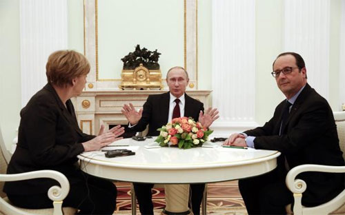 Ba nhà lãnh đạo Đức, Nga và Pháp tại điện Kremlin ngày 6/2 - Ảnh: Reuters.<br>