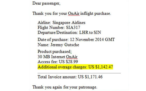 Hóa đơn Internet gây "sốc" mà hành khách Gutsche nhận được từ Singapore Airlines.<br>