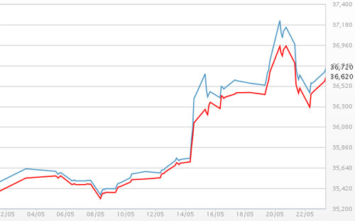 Diễn biến giá vàng SJC tại DOJI - Nguồn: DOJI.<br>