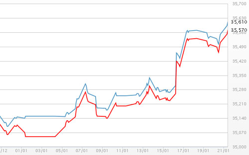 Diễn biến giá vàng SJC tại DOJI - Nguồn: DOJI.<br>