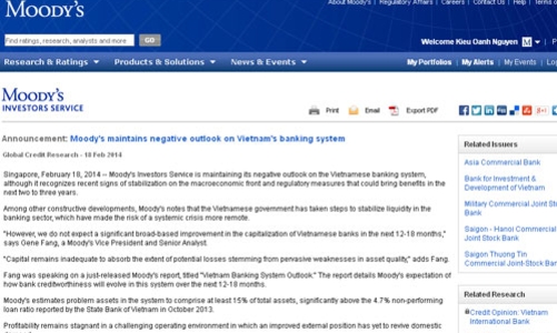 Moody’s: Nợ xấu ngân hàng Việt Nam ít nhất phải 15%