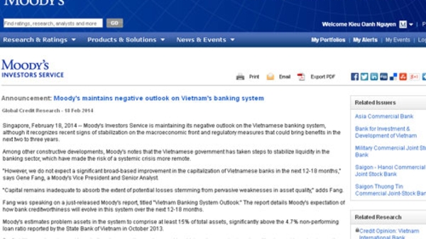Moody’s: Nợ xấu ngân hàng Việt Nam ít nhất phải 15%