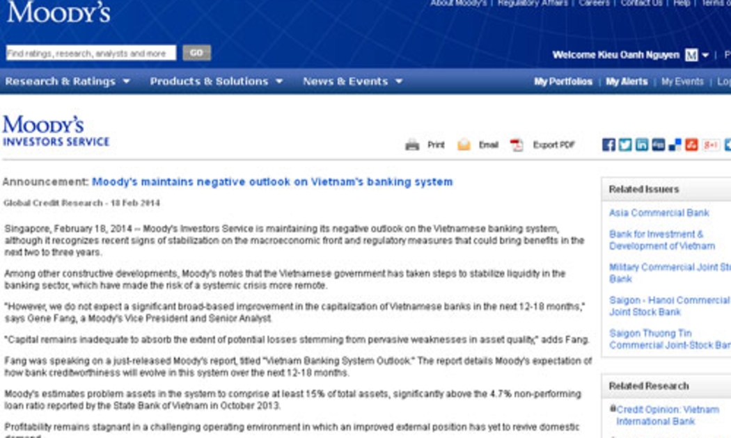 Mức nợ xấu của ngân hàng Việt Nam mà Moody’s đưa ra tương tự như con số mà một số tổ chức quốc tế khác ước đoán.