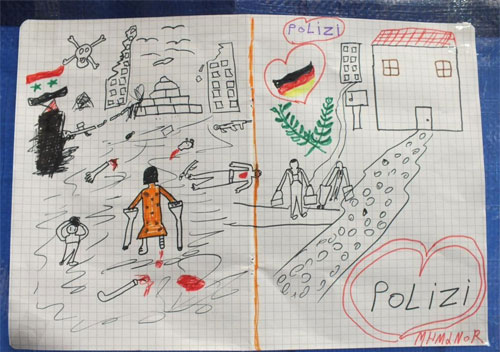Ảnh chụp bức vẽ của em bé di cư người Syria tặng cảnh sát Đức - Ảnh: WP.<br>