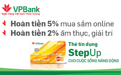 Trong suốt thời gian sử dụng VPBank STep up, khách hàng được hoàn tiền đến 5% khi mua sắm trực tuyến.