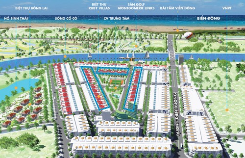 Phối cảnh tổng thể dự án Green City Da Nang Beach (Viền màu vàng là phân khu biệt thự Ruby).