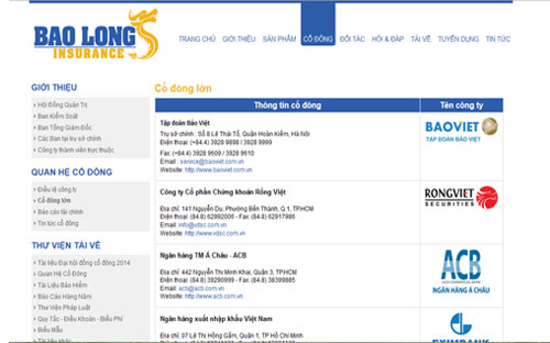 Trang web của Tổng công ty Cổ phần Bảo hiểm Bảo Long.