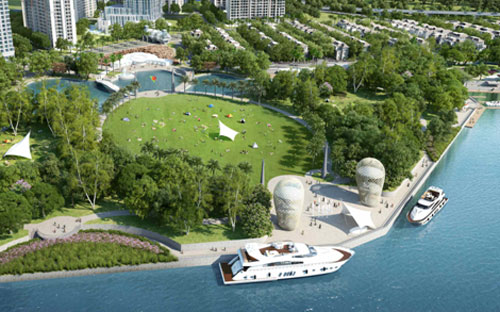 Phối cảnh quần thể The Park sát bên công viên ven sông Vinhomes Central Park.