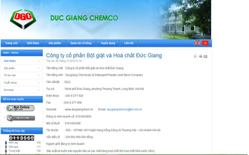 Trang web của Công ty Cổ phần Bột giặt và Hóa chất Đức Giang.