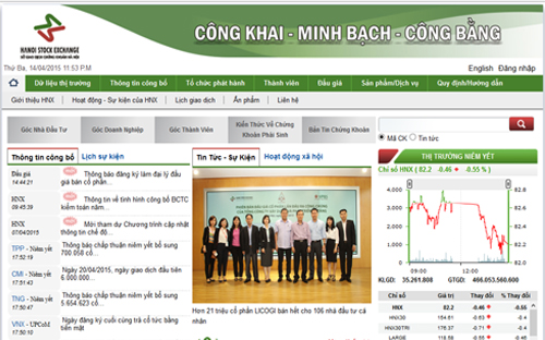 Trang Web của Sở Giao dịch Chứng khoán Hà Nội.<br>