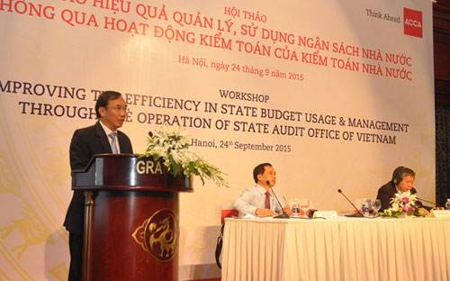 Phó tổng kiểm toán Nhà nước Đoàn Xuân Tiên phát biểu tại hội thảo.<br>