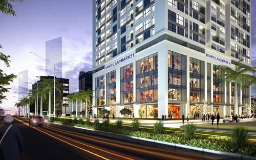 Tại Hanoi LandMark 51 sẽ có thiết kế 4 tầng hầm và 5 tầng đầu làm trung tâm thương mại, siêu thị và các dịch vụ tiện ích.