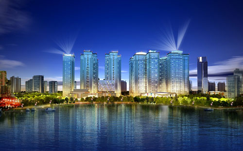 Phối ảnh toàn cảnh Goldmark City mặt nhìn từ hồ điều hòa 2 ha đã được quy hoạch.