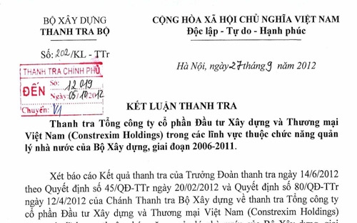Kết luận của Thanh tra Bộ Xây dựng cho thấy, Costrexim Holdings đã làm trái nhiều quy định của Nhà nước.<br>