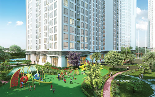 Phối cảnh sân chơi tràn ngập màu xanh tại tòa Park 5, Vinhomes Times City - Park Hill.