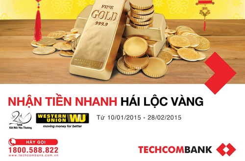 Từ ngày 10/1 đến 28/2/2015, khi chuyển và nhận tiền tại quầy giao 
dịch hoặc nhận tiền trên Internet Banking thông qua dịch vụ Western 
Union, khách hàng sẽ nhận được 1 mã dự thưởng.