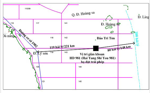 Giàn khoan HD 981 của CNOOC cách đảo Lý Sơn 119 hải lý là khu vực hoàn toàn nằm trong vùng đặc quyền kinh tế và thềm lục địa Việt Nam.