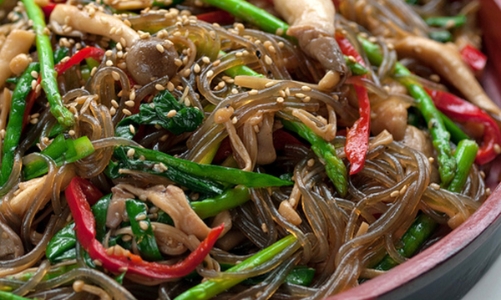 Miến xào nấm và măng tây